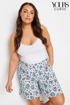 Yours Curve White Vintage Textured Floral Jersey Shorts (E25767) | $41