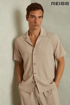 Reiss Oatmeal Hunt Textured Crepe Cuban Collar Shirt (E26131) | kr1,239