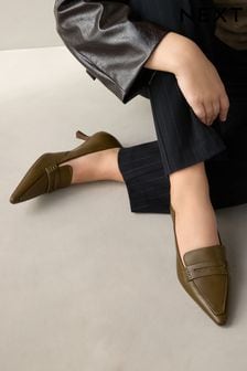 Khaki Green Forever Comfort® Leather Point Kitten Loafer Heels (E26176) | $74