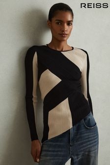 Reiss Black/Camel Judy Knitted Colourblock Asymmetric Top (E26340) | $226