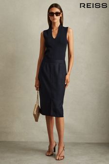 Reiss Navy Hallie Textured Pencil Midi Suit Skirt (E26353) | HK$1,697