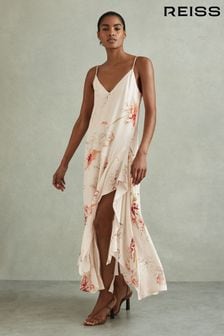 Reiss Ivory/Coral Melody Floral Print Side Split Midi Dress (E26403) | SGD 628