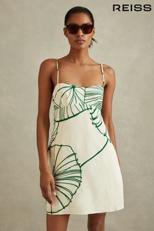 Reiss White/Green Marli Floral Sketch Removable Strap Mini Dress (E26415) | 112,140 Ft