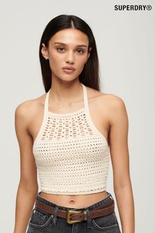 Superdry Cream Cropped Halter Crochet Top (E26523) | $51