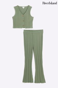 River Island Green Girls Rib Waistcoat and Trousers Set (E26570) | kr338