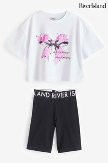River Island White Girls Graffiti Bow T-Shirt and Shorts Set (E26572) | AED102 - AED125