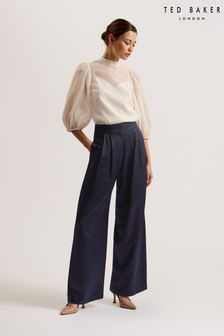 Ted Baker Blue Teerut Satin Tailored Wide Flood Length Trousers (E27212) | $330