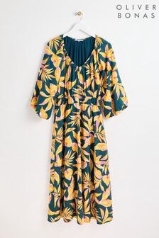 Oliver Bonas Green Tropical Floral Midi Dress (E27621) | $154