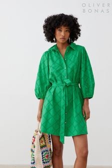 Oliver Bonas Green Broderie Mini 100% Cotton Shirt Dress (E27628) | $129