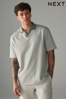 Sage zelena - Cuban Collar Textured 100% Cotton Short Sleeve Polo Shirt (E27678) | €11