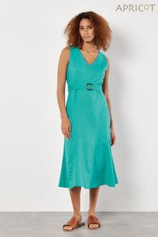 Apricot Blue V-Neck Linen Flounce Dress (E28443) | KRW74,700