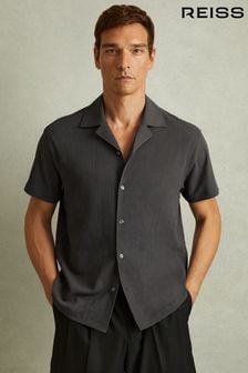 Reiss Steel Grey Hunt Textured Crepe Cuban Collar Shirt (E28587) | kr1,239