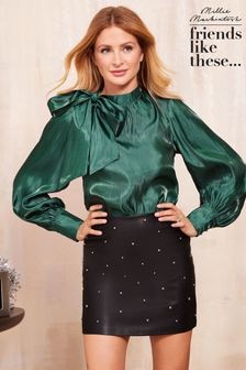 Friends Like These Green Side Bow Tie Shiny Satin Long Sleeve Blouse (E29311) | $60