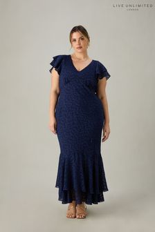 Синий - Платье макси с оборками на плечах Animal выжженным эффектом Live Unlimited Curve (E30334) | €171