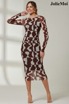 Jolie Moi Light Brown Gionna Mesh Long Sleeve Midaxi Dress (E30383) | $103