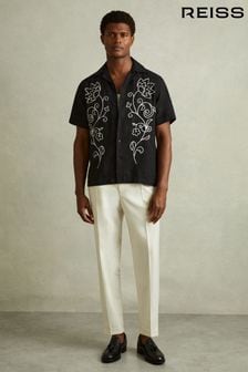 Reiss Black/White Sonny Linen Embroidered Cuban Collar Shirt (E30849) | HK$1,841