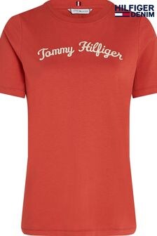 Tommy Hilfiger Red Regular Fit Script Crew Neck 100% Cotton T-Shirt (E31995) | $77