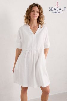 Seasalt Cornwall White Petite Draw Kiln Linen Dress (E32278) | kr1 390