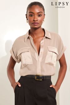 Lipsy Gold Satin Chiffon Pocket Shirt (E32810) | $80