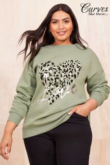 Curves Like These Khaki Green Love Heart Jersey Sweatshirt (E32812) | kr760