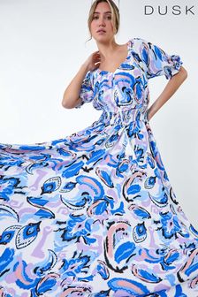 Dusk Blue Shirred Waist Abstract Print Maxi Dress (E32898) | €58