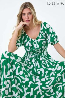 Dusk Green Shirred Waist Abstract Print Maxi Dress (E32919) | €58