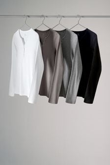 The Set Black/White/Light Grey/Taupe Brown 4 Pack Ribbed Henley Long Sleeve T-Shirts (E33712) | $57