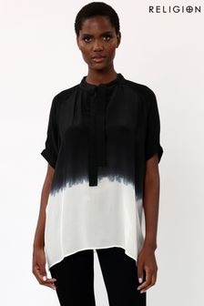 Religion Black Oversized Blouse in Dip Dye With Tie Neck (E33836) | $111