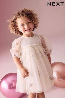 Cream Embroidered Long Sleeve Mesh Dress (3mths-8yrs) (E35800) | €32 - €38