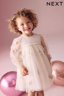 Cream Embroidered Long Sleeve Mesh Dress (3mths-8yrs) (E35800) | $39 - $46