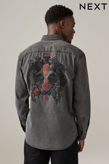 Black Denim Long Sleeve Embroidered 100% Cotton Shirt (E38715) | $62