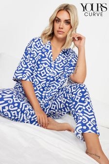 Yours Curve Blue Ikat Collar Revere 100% Cotton Pyjamas Set (E41289) | $53