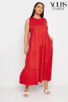 Yours Curve Red Sleeveless Ribbed Trim Tiered Midaxi 100% Cotton Dress (E41624) | $50