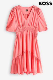 BOSS Pink V-Neck Dress In Hammered Satin With Volant Hem (E42182) | kr2,324
