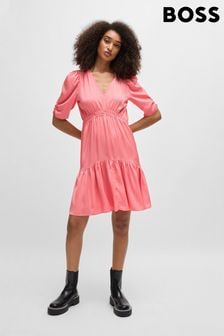 BOSS Pink V-Neck Dress In Hammered Satin With Volant Hem (E42182) | $307