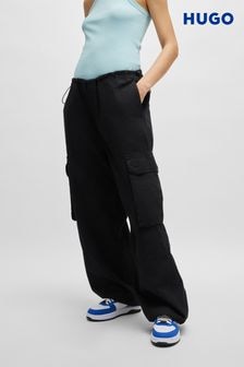 HUGO Blue Black Oversized Fit 100% Cotton Trousers in Poplin (E42306) | $204