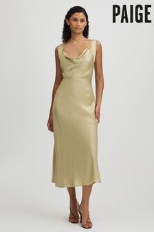 Paige Olive Silk Satin Cowl Neck Midi Dress (E42826) | $805