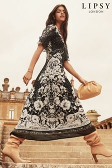 Lipsy vip tori print satin ruffle skirt bodycon dress online