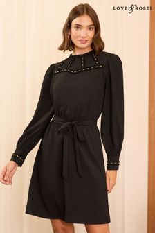 Love & Roses Black Stud Trim Belted Mini Dress (E43770) | 370 SAR