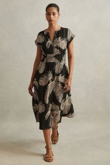 Reiss Khaki Colby Tropical Print Elasticated Waist Midi Dress (E44186) | AED1,210