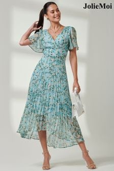 Jolie Moi Blue Floral Ditsy Pleated Dip Hem Chiffon Maxi Dress (E45383) | $135