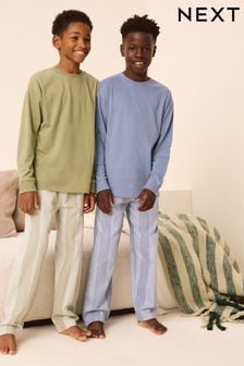 Blue/Sage Green Stripe - Long Sleeve Woven Check 100% Cotton Pyjamas 2 Pack (3-16yrs) (E47921) | ر.ق129 - 163 ر.ق