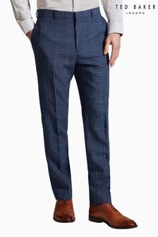 Ted Baker Tailoring Blue Octant Puppytooth Linen Blend Overcheck Regular Fit Trousers (E49624) | $240