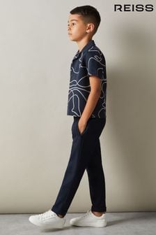 Reiss Navy Menton Junior 100% Cotton Jersey Embroidered Shirt (E50674) | SGD 94