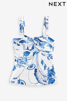 White/Blue Floral Wide Strap Tummy Control Bandeau Tankini Top (E51475) | 190 zł