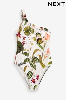 Cream Floral One Shoulder Pleated Tummy Control Swimsuit (E51484) | 216 SAR