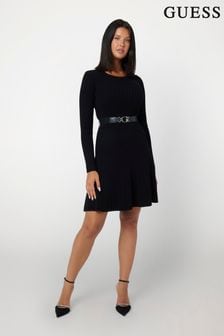 Guess Paige Ribbed Pleated Black Sweater Dress (E51825) | BGN387