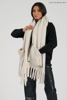 South Beach White Fluffy Pocket Scarf With Contrast Stitch (E53370) | $41