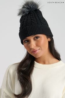 South Beach Black Cable Knit Hat With Silver Faux Fur Pom (E53377) | $21