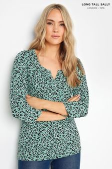 Long Tall Sally Green Animal 3/4 Sleeve Pintuck Henley Top (E53588) | $37